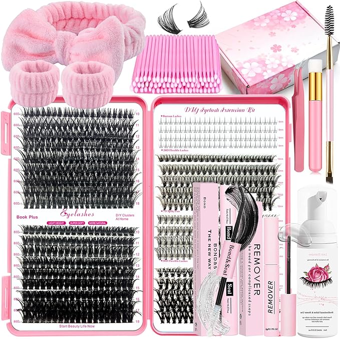 DNSGOOR DIY Lash Extension Kit 727Pcs Lashes Clusters with Bottom Lashes Lash Bond and Seal Glue Remover Lash Shampoo Cleansing Brush Headband Wristband Tweezers Eyelash Brush Applicator