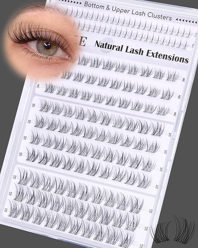 ALICE Eyelash Clusters Natural Short Lash Clusters 8-12mm Wispy Cluster Eyelash Extensions Clear Band Individual Lashes with 5-6mm Bottom Lashes