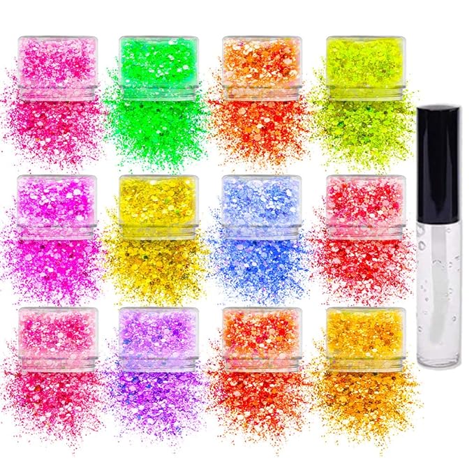 Body Glitter Set for Face & Hair – 12 Neon Colors Chunky Holographic Festival Glitter Makeup with Glue – Rave, Concert, Euphoria Looks, Cosmetic Grade Glitter