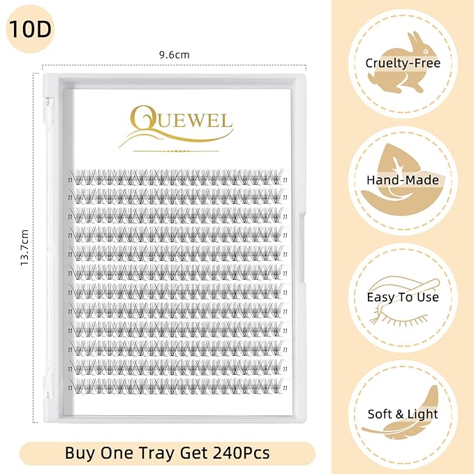QUEWEL Cluster Lashes 240Pcs Individual Lash 10D 0.10D Curl 11mm Knot-Free Lash Extensions Clusters Lashes Soft&Natural False Eyelashes Individual DIY Eyelash Extension at Home(10D 0.10D 11)