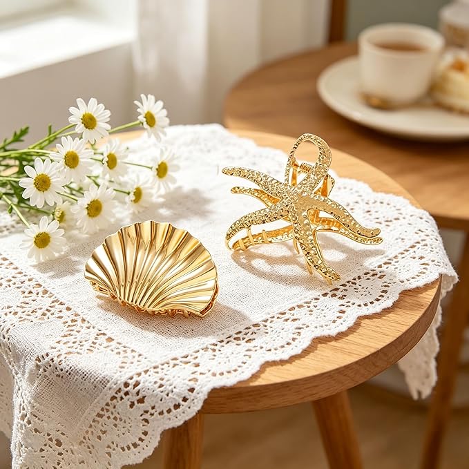 Beach Accessories for Women,2Pc Gold Seashell & Starfish Hair Clip Oversized Metal Claw Clips,Beach Hair Accessories,Summer Beach-Vibe Hair Accessories