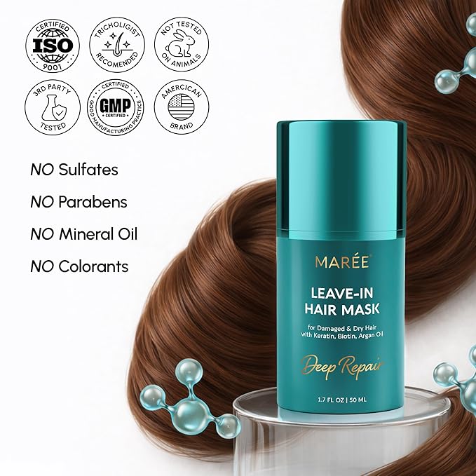 MAREE Deep Conditioning Leave-In Hair Mask for Damaged Hair – Keratin Hair Treatment with Biotin, Natural Oils & Vitamins – Leave-In Conditioner for Repair and Hydration – Color Glazers