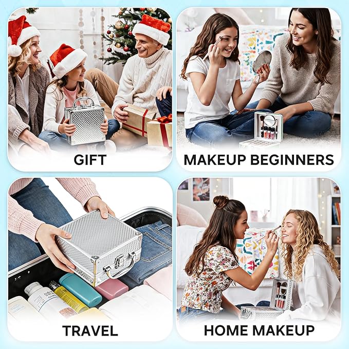 Color Nymph Beginner Makeup Kit For Teens With The Small Cosmetic Train Case Included 24-Colors Eyeshadow Palette Blushes Bronzer Highlighter Lipstick Brushes Mirror(Silver)