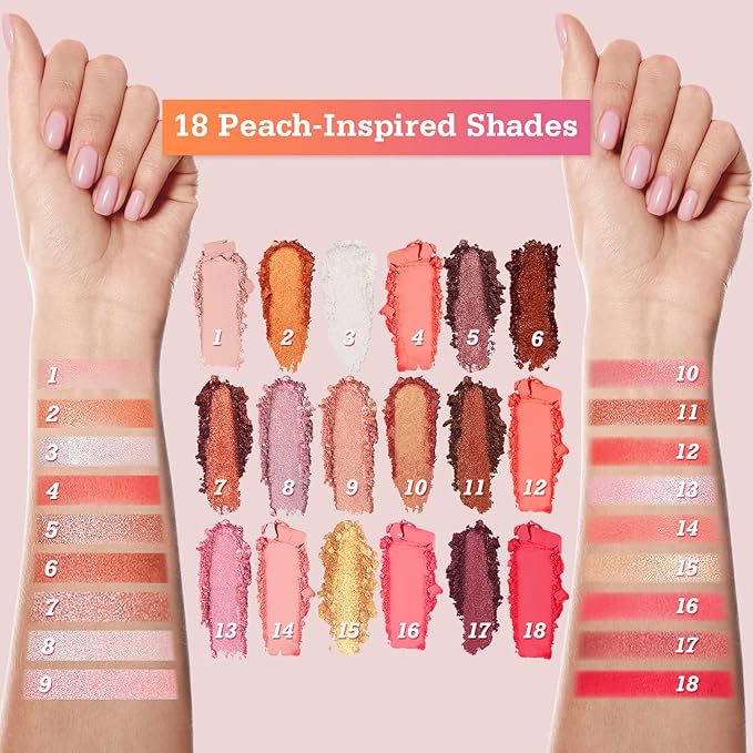 Tintark Peach Please Eyeshadow Palette, 18 Colors Matte Shimmer Metallic Pink Nude Shades, Highly Pigmented Blendable Long Lasting Powder Makeup Kit