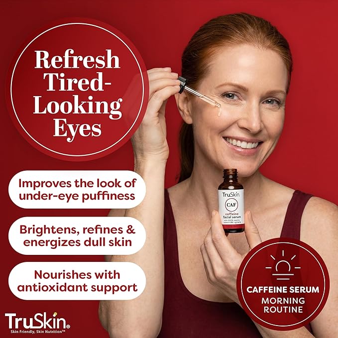 TruSkin Caffeine Face & Eye Serum - Energizing 5% Caffeine Serum with EGCG Niacinamide Matcha and Ginseng - Improve Look of Under Eye Dark Circles and Puffiness, 1 fl oz