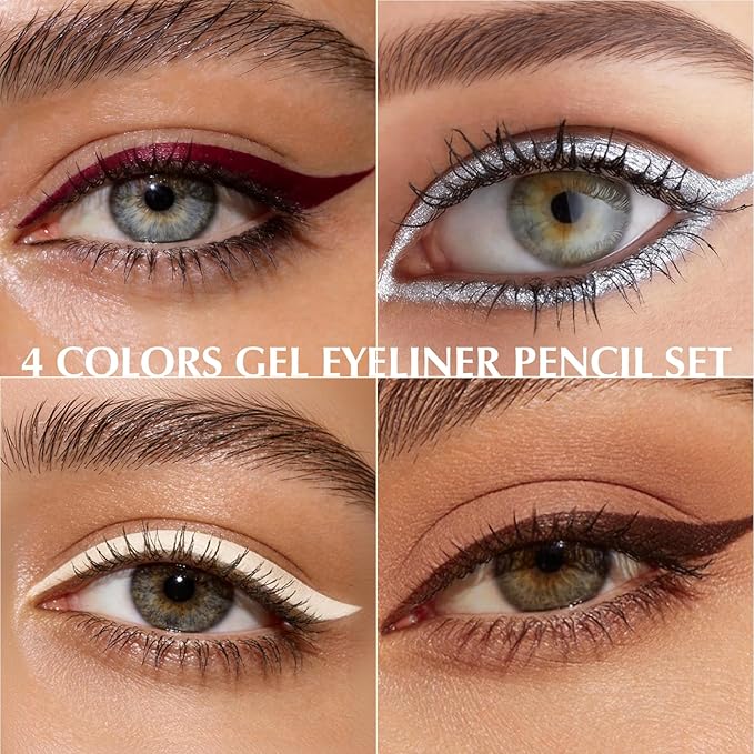 4Pcs Brown White Silver Burgundy Eyeliner Pencil, Sharpenable Gel Eye Liner Pen Smudge proof, Matte Metallic Waterline Eyeliner for Older Women Cream Eyeshadow Stick Pigmented Eye Makeup