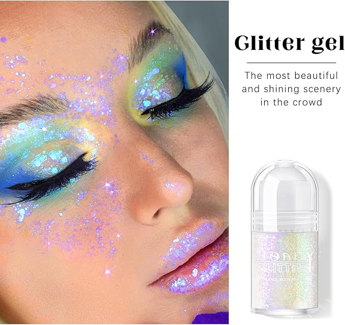 HOSAILY Roll-on Holographic Body Glitter Gel for Face Hair, Chameleon Color Changing Glitter Gel Under Light, Chunky Mermaid Sequins Festival Party Rave Accessories Shimmer Makeup (Neon Violet)