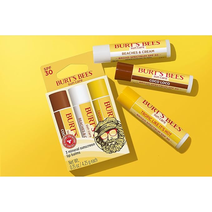 Burt’s Bees SPF 30 Lip Balm, Island Getaway - Coco Loco, Beaches & Cream, Tropic Like It's Hot, Water-Resistant Sun Care, Natural Origin Lip Treatment, 3 Tubes, 0.15 oz (Pack of 12)