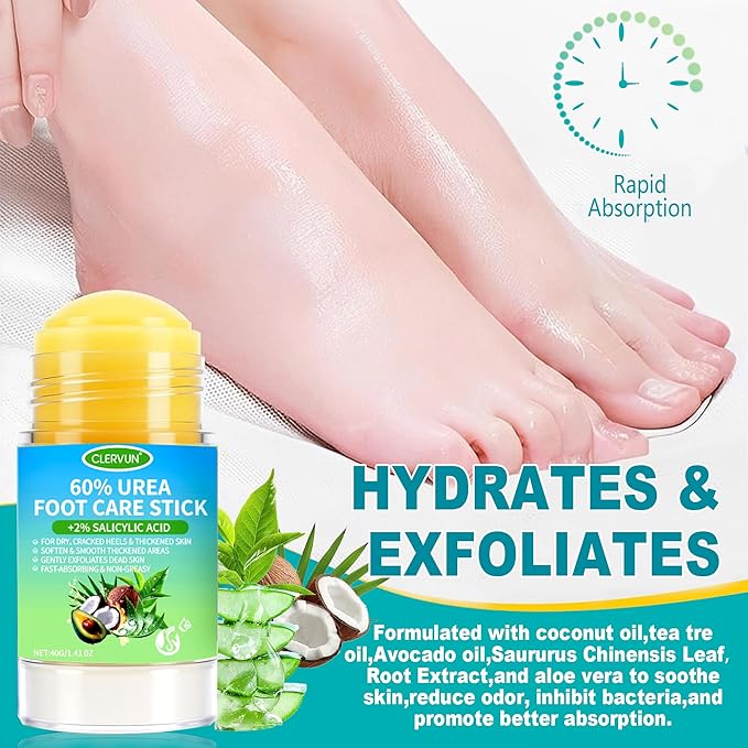 Urea Cream 60% plus Salicylic Acid 2% Urea Foot Care Stick, Foot Cream for Foot Callus Remover, Feet Moisturizer Stick, Foot Balm Stick for Dry Cracked Heels, Hands, Knees, Hydrating Heel Balm