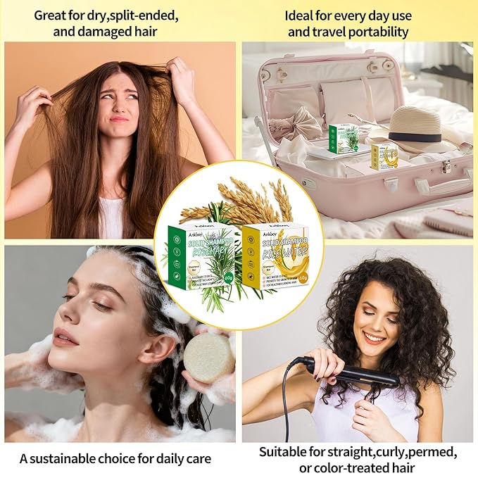 2 Pack Solid Shampoo Bar Rosemary Oil for Hair Growth,Deep Cleansing Rice Water Shampoo Bar Organic Protein &Vitamins for Damage Hair,Anti Hair Loss,Strengthening & Volumizing Hair,Travel Size Shampoo