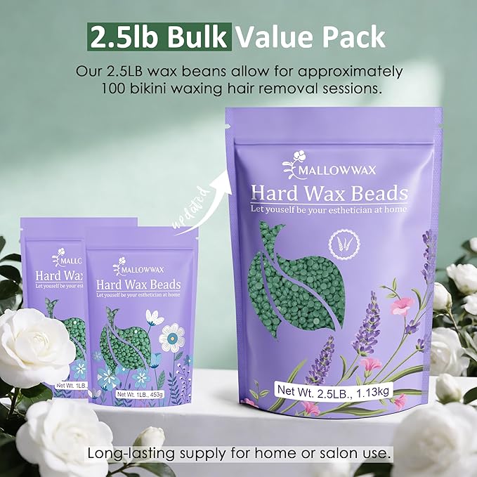 Mallowwax Hard Wax Beads - Wax for Sensitive Skin Hair Removal - 2.5lb Tea Tree Wax Beads for Face, Underarms, Bikini, Legs