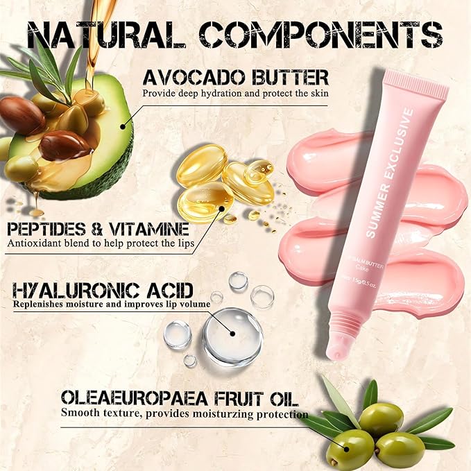 4 Pcs Lip Butter Balm, Long-Lasting Hydrating Non-Sticky Lip Care, Soothes Dry Chapped Lips, Nourishing with Shea Butter & Olive Oil, 0.5 Fl Oz