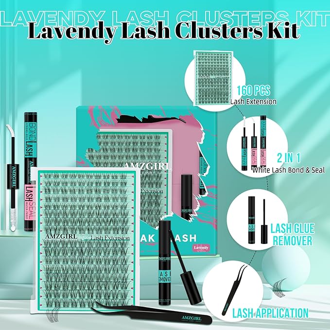 Lash Clusters Kit,160pcs Natural Eyelash Extension with Lash Bond and Seal Waterproof,Remover For Lashes Cluster,Lash Applicator Tool For False Eyelashes Extensions At Home(Lavendy,Kit)