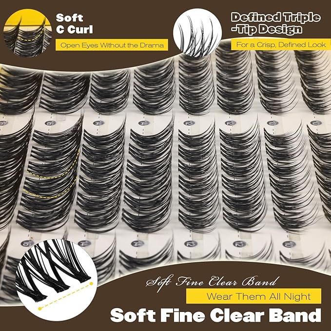 Natural Lash Clusters Kit Wispy Eyelash Clusters Kit with Invisible Band 10-16mm C Curly Natural Cluster Eyelash Extensions DIY Wispy Eye Lash Clusters with Bond & Seal and Tweezers