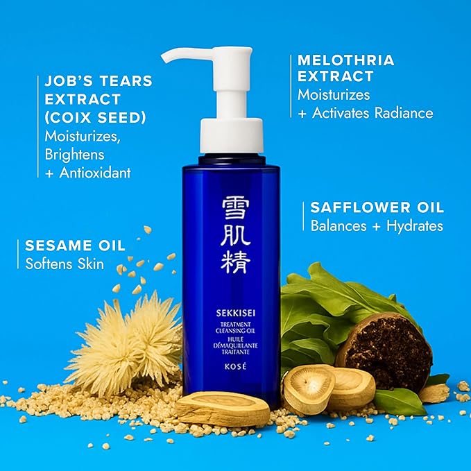 SEKKISEI Treatment Cleansing Oil, Face Cleanser & Makeup Remover, Hydrating Japanese Facial Skincare with Job’s Tears Extract for Glowing, Radiant, Clear Skin, All Skin Types, 10.1 oz
