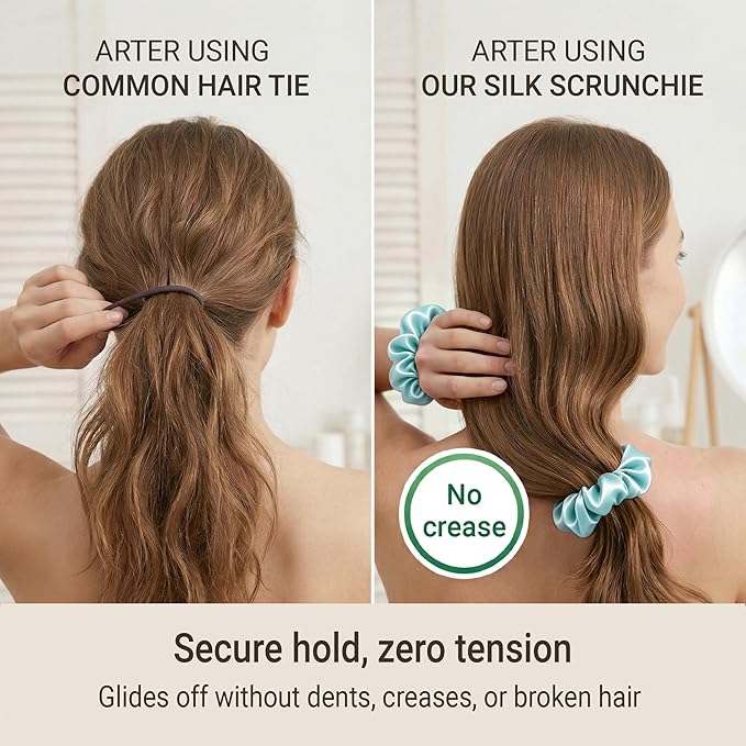 ZLYC 100% Mulberry Silk Scrunchie 19 Momme Gentle Creaseless Hair Tie for Women Dent-Free Ponytail Holder, 3.5cm Solid Light Blue