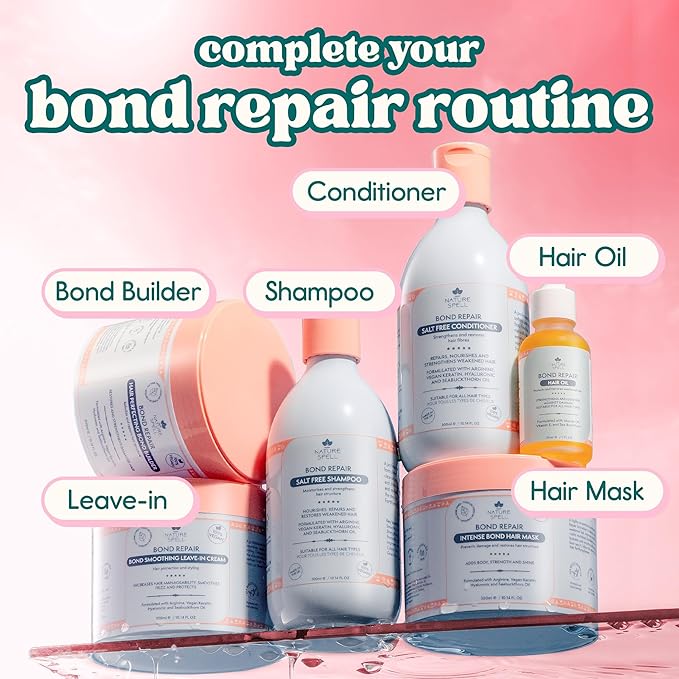 Nature Spell Bond Repair Shampoo & Conditioner Set, Sulfate & Paraben Free, Repairs & Nourishes with Keratin & Hyaluronic Acid, Color Safe, For All Hair Types, Vegan, Pack of 2, 10.14 fl oz Each