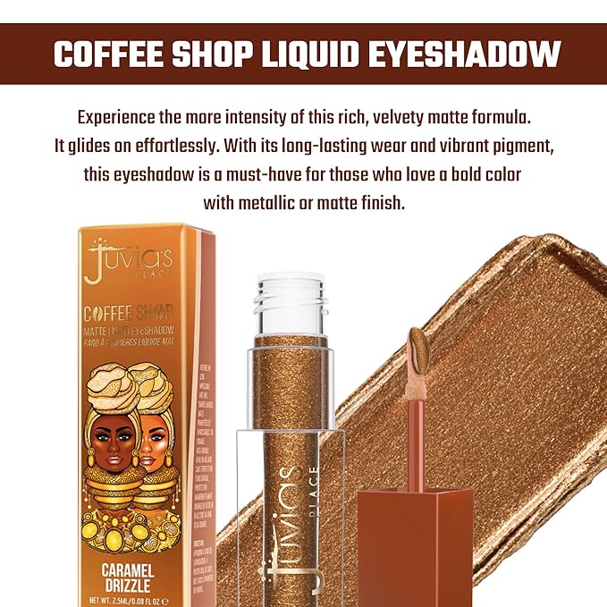 Juvia's Place Coffee Shop Liquid Eyeshadow Caramel Drizzle - Metallic Shimmer for Long-Lasting Color, Waterproof, and Glittering Finish - Buildable and Vibrant - Ideal for All Skin Tones, 0.08 fl oz