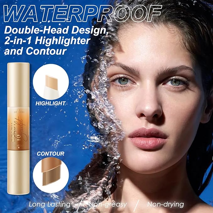 FOCALLURE 2 in 1 Cream Bronzer and Highlighter Stick,Non-greasy & Non-drying Contour Pencil,Easy to Create a Natural Matte Finishing,Long Lasting & Waterproof Face Brighten Make up Pen,MOCHA CHIFFON