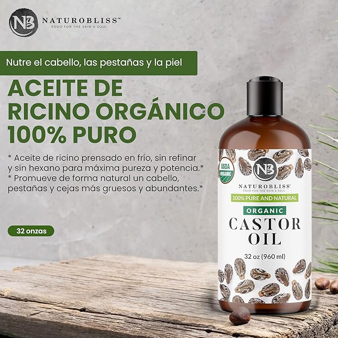 NaturoBliss 100% Pure Organic Castor Oil – Expeller-Pressed & Hexane-Free – Professional/Salon Size for Hair, Skin, Lashes & Brows, with Beauty Starter Kit – 32 fl oz (Bulk Value)