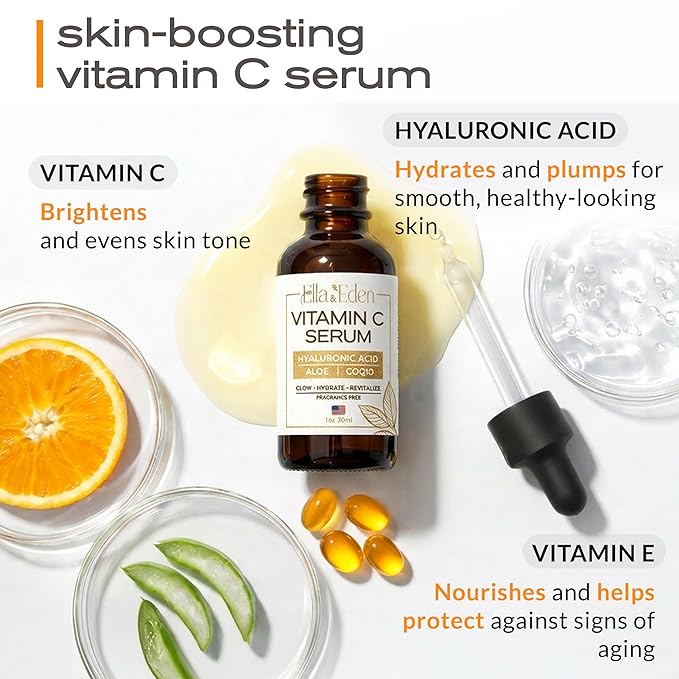 Ella & Eden Vitamin C Serum for Face - Hyaluronic Acid, Aloe Vera, Vitamin E, CoQ10 - Anti-aging, Skin Brightening - USA Made - Paraben-Free, Fragrance-Free, Suitable for All Skin Types - 1 Fl Oz