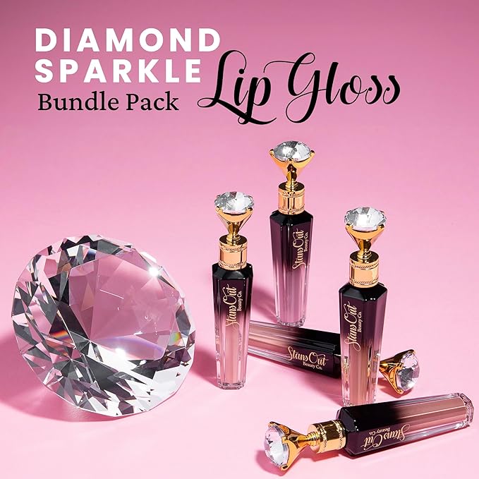StansOut Diamond Lustre Lip Gloss Bundle - 5 Pack - Fancy Warm, Light, Pink, Sugar, Bare - Vitamin E & Argan Oil Infused - Long-Lasting Lustrous Shine - Hydrating Formula - Portable Elegance