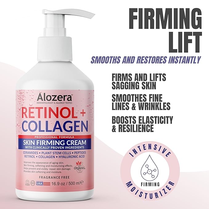 Alozera Firming Body Lotion, Retinol & Collagen Anti-Aging Body Moisturizer, Lightweight & Fast Absorbing Lotion for Crepey Skin, Improves Skin Elasticity, No Added Fragrance, 16.9 oz (Pack of 2)