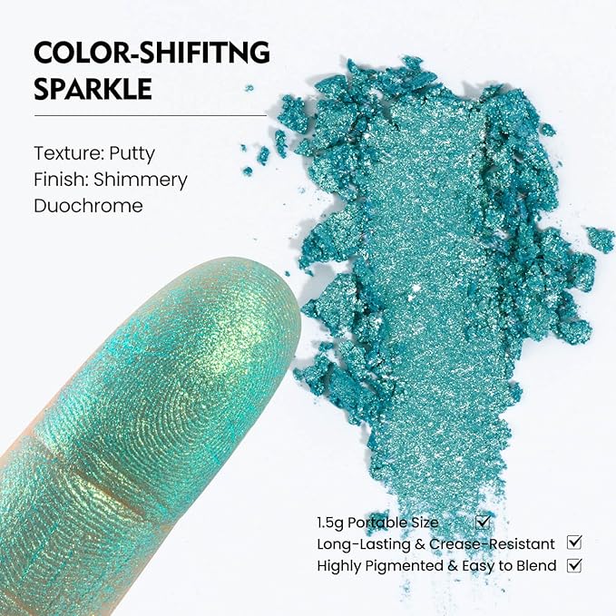 Duochrome Chameleon Eyeshadow, Blue to Gold Iridescent Shift, Cream-to-Powder High Pigment, Zero Fallout Metallic Shimmer, Long Wear Eye Makeup, Fits Magnetic Makeup Palettes (Mermaid Flip)