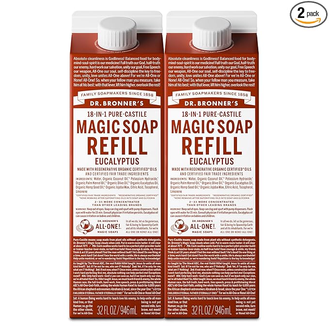 Dr. Bronner's Magic Soap-Pure-Castile Liquid Refill (Eucalyptus, 32 ounce, 2-Pack) - Regenerative Organic Certified Oils, For Body, Hair, Laundry, Pets & Dishes, Concentrated, Vegan, Non-GMO