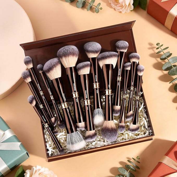 MAANGE Makeup Brush Set with Case Double-ended Make up Brushes for Foundation Contour Liquid Powder Concealer Eye Shadows Cream Blush Makeup Tools (Coffee Brown, 13 PCS)