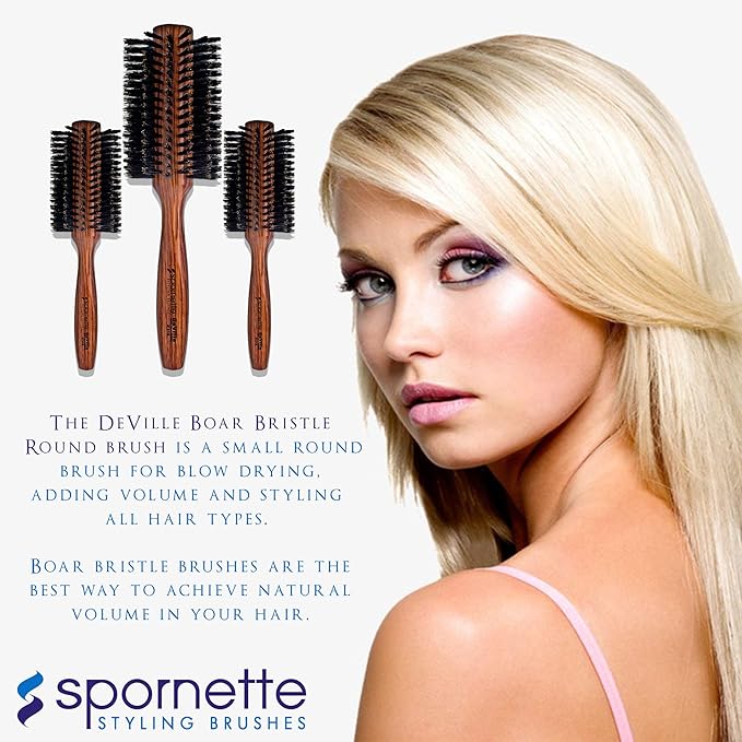 Spornette Deville Boar Bristle Round Brush for Women - Large Round Hair Brush for Blow Drying, Curling & Styling - Adds Shine, Volume & Lift to All Hair Types (2.5 Inch)