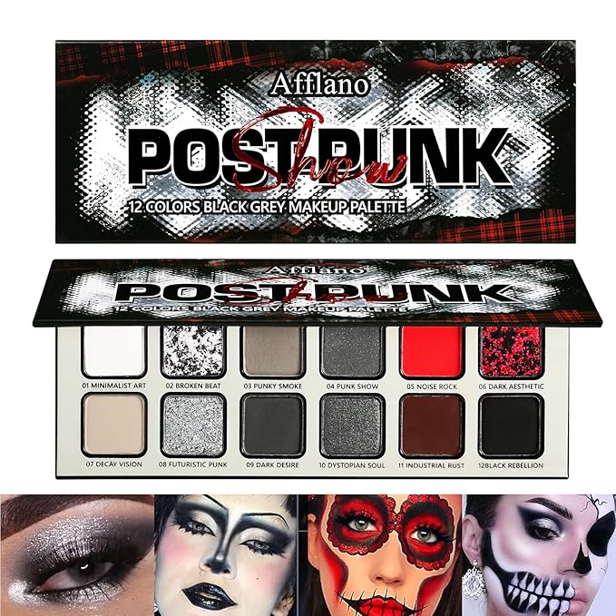 Afflano Goth Makeup Gray Black Eyeshadow Palette, Grunge Smokey Eye Eyeshadow Palette Highly Pigmented, Blendable Chrome Glitter Silver White Grey Dark Red Eye Shadow Palette, Emo SFX Halloween Makeup