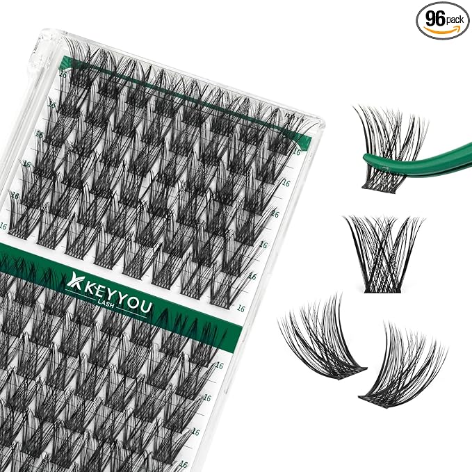 Lash Clusters 96pcs Individual Lashes Y01 C Curl 16mm Cluster Lashes KEYYOU Volume Wispy Lash Extension Soft&Comfortable Easy DIY at Home(Y01,C-16mm)