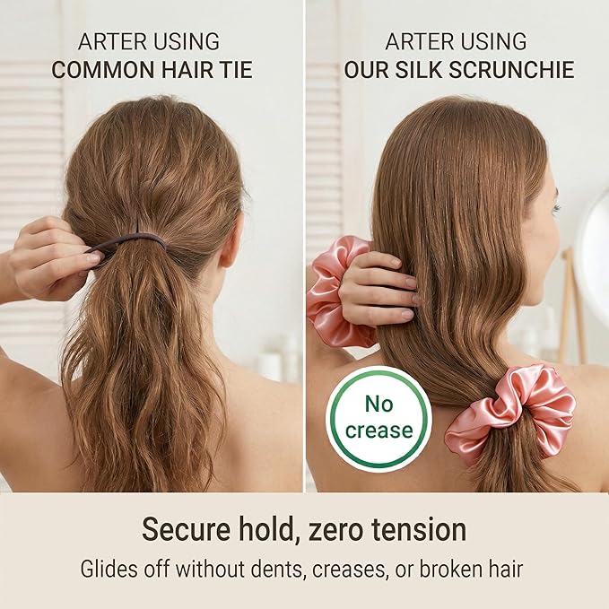 ZLYC 100% Mulberry Silk Hair Tie Scrunchie 19 Momme Gentle Creaseless Dent-Free Ponytail Holder for Women, 6cm Solid Peach Pink
