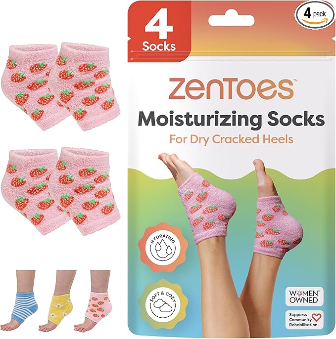 ZenToes Moisturizing Socks for Cracked Heel Treatment, Vitamin E, Olive Oil and Jojoba Oil Infused Heel Socks, Spa Gifts for Women, Mothers Day Gifts (Pink Strawberries, Regular)