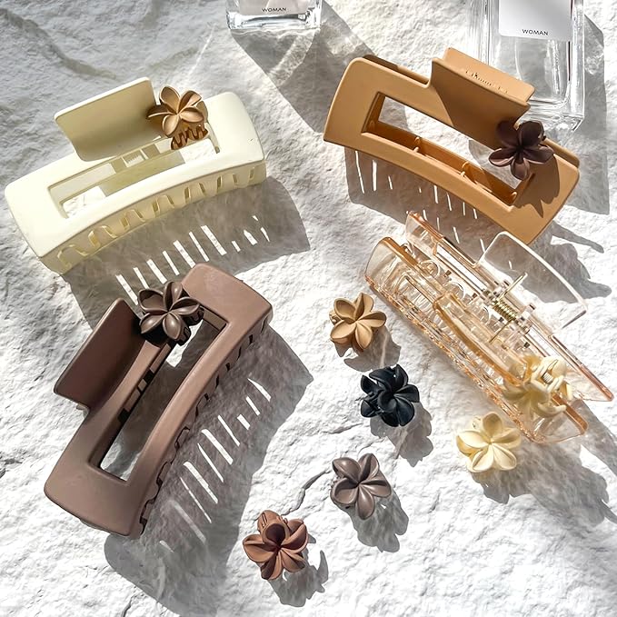Hair Clips for Women,4PCS 4.13" Large Square Claw Clips for Thick Thin Hair Claws,8PCS 0.98" Mini Hawaiian Flower Hair Clips,Matte Cute Womens Hair Accessories for Girls (white,beige,clear)
