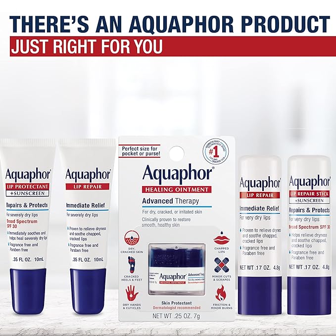 Aquaphor Lip Repair Stick with Shea Butter, Moisturizing Lip Balms, Fragrance Free and Paraben Free, Mothers Day Gifts, 0.17 Oz Stick, Pack of 4