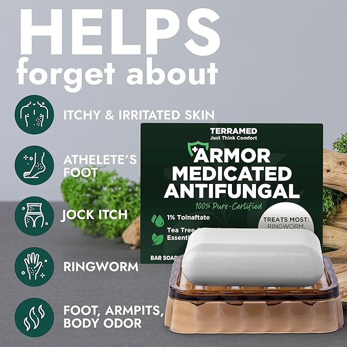 Antifungal Soap Pack of 2 | Medicated Jock Itch Treatment, Fights Ringworm & Athlete's Foot | Antifungal Soap Includes Scrubber for Deeper Cleansing & Exfoliation | Tea Tree Oil 1% Tolnaftate