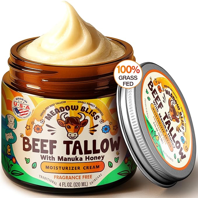 Meadow Bliss Beef Tallow for Skin - Moisturizer Cream - 100% Grass Fed - Whipped Beef Tallow - Manuka Honey - Organic Jojoba Oil, Shea Butter - Supports Eczema, Rosacea - USA - Fragrence Free - 4 oz