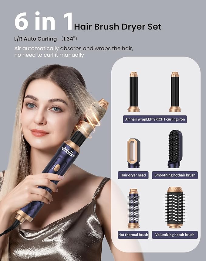 Ukliss 6 in 1 Hair Dryer Brush, Hot Air Brush & Styler with ALCI Safety Plug, Ionic Blow Dryer Brush for Frizz Free Salon Blowout, Volumizing & Auto Curls, for All Hair Types