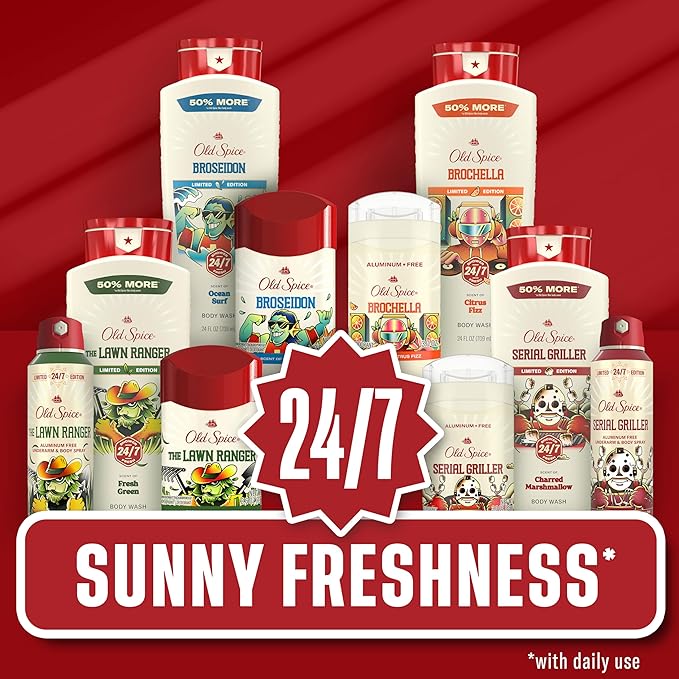 Old Spice Body Wash for Men, Summerdudes, 24/7 Shower Fresh with Daily Use, Long Lasting Scent, Cleanse & Refresh Skin, VIP Festival Experience, Broseidon with Ocean Surf Scent, 24 oz