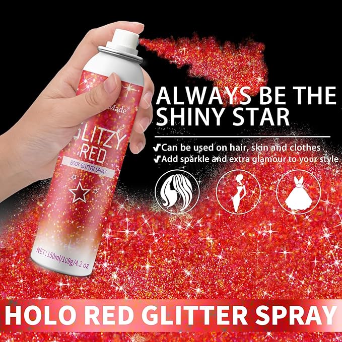 Hair Glitter Body Glitter Spray, 150ML Glitter Hairspray Holographic Red Glitter Spray for Hair and Body, Hair Glitter for Kids Women, Body Shimmer Festival Makeup 4.2 Fl Oz