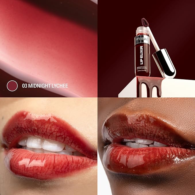 Sacheu Lip Elixir Nourishing and Hydrating Lipgloss — Moisturizing Plumping Lip Gloss Enriched with Collagen, Non-Sticky Lip Color Smooth High-Shine Finish, Vegan & Cruelty-Free, Midnight Lychee