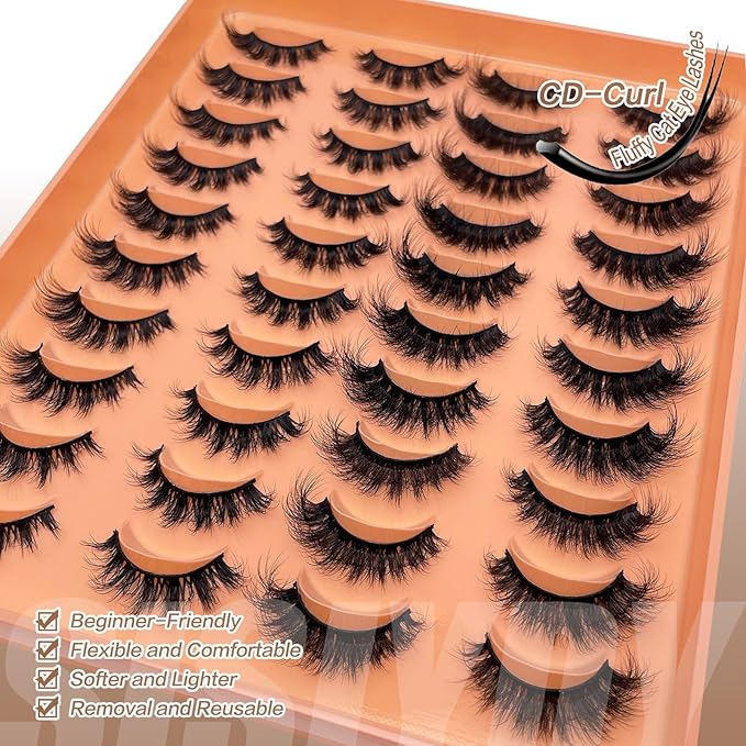 Mink Lashes Wispy Cat Eyelashes Strip False 3D Eyelashes 16mm Short Fluffy Lash Natural Look Faux Mink Cat eye Lashes Multipack Pack 2 Styles Mixed YH309
