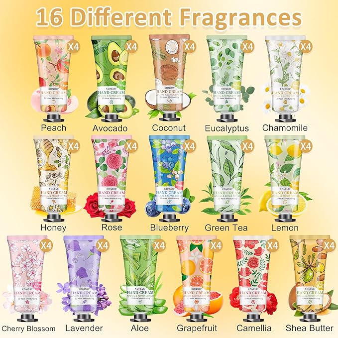 KONEUK 64 Pack Moisturizing Hand Cream Set, Mothers Day Gifts for Mom, Bulk Hand Lotion Travel Size for Dry Cracked Hands, Mini Hand Cream for Teacher Appreciation Gifts, Nurse Gifts, Thank You Gifts