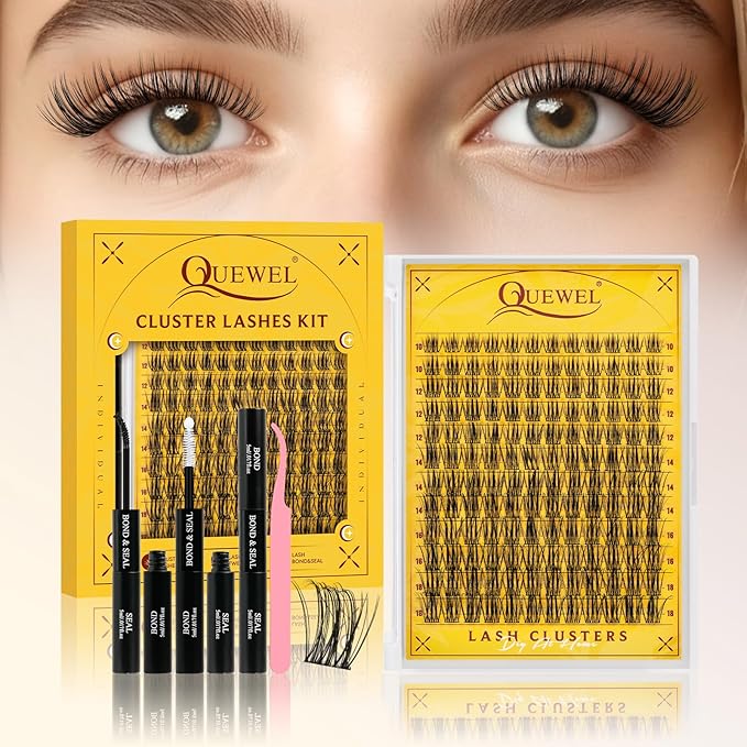 QUEWEL Lash Clusters Kit, 144PCS Natural Lash Custers with Lash Bond and Seal, C Curl Wispy Cluster Lashes Natural Look with Thin Band Easy to use for Beginners (DJ-FD-A）