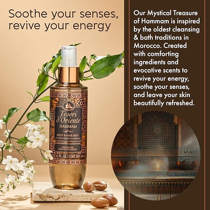 Tesori d’Oriente Hammam Hair & Body Mist for Women & Men, 6.7 fl oz, Warm Floral Citrus Scent with Orange Blossom & Argan Extract, Refreshing, Layerable Fragrance for Skin & Hair