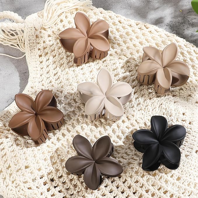 CHANDAT Flower Hair Clips 6 PCS Hawaiian Claw Clips for Vacation Hibiscus Hair Claw Cute Large Hair Clips for Thick and Thin Hair Plumeria Hair Accessories for Women Girls -Coffee