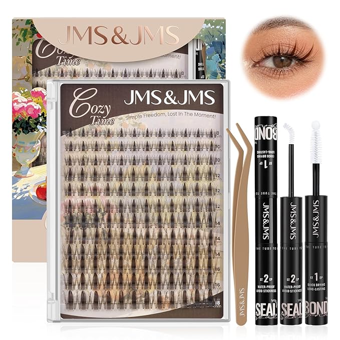 JMS&JMS Brown Fairy Lash Clusters Kit, Anime Manga Lash Extension Kit, Invisible Band Fairy Lashes, Wispy Natural Eyelash Clusters Kit with Bond and Seal and Applicators (Brown Fairy-C-8-18Mix)