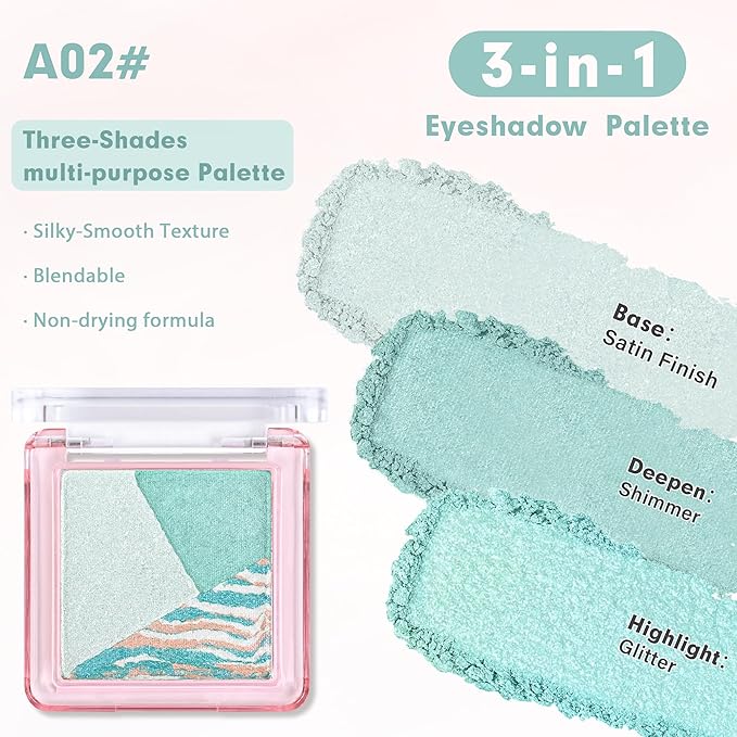 Eyeshadow Palette-Mini 3-in-1 Eye Shadow Powder Palettes Makeup-Matte&Shimmer Baked Eye Shadow for Women，paleta de sombras de ojos，Buildable Smooth Silky Waterproof for Daily Looks，02 Light Green